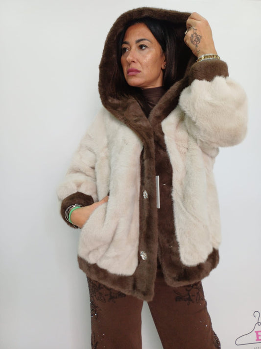 Giaccone donna eco-pelliccia bicolore con cappuccio