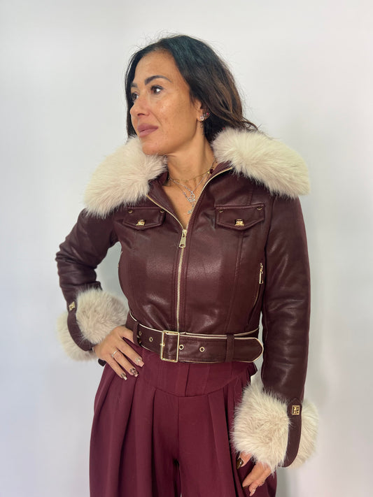 Giacca corta effetto pelle con pelliccia donna