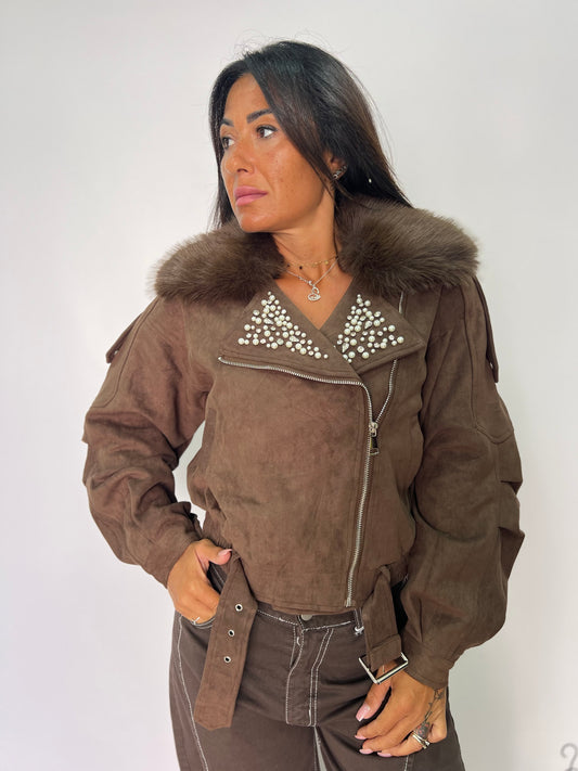 Giubbino in Camoscio e Pelliccia con Perle