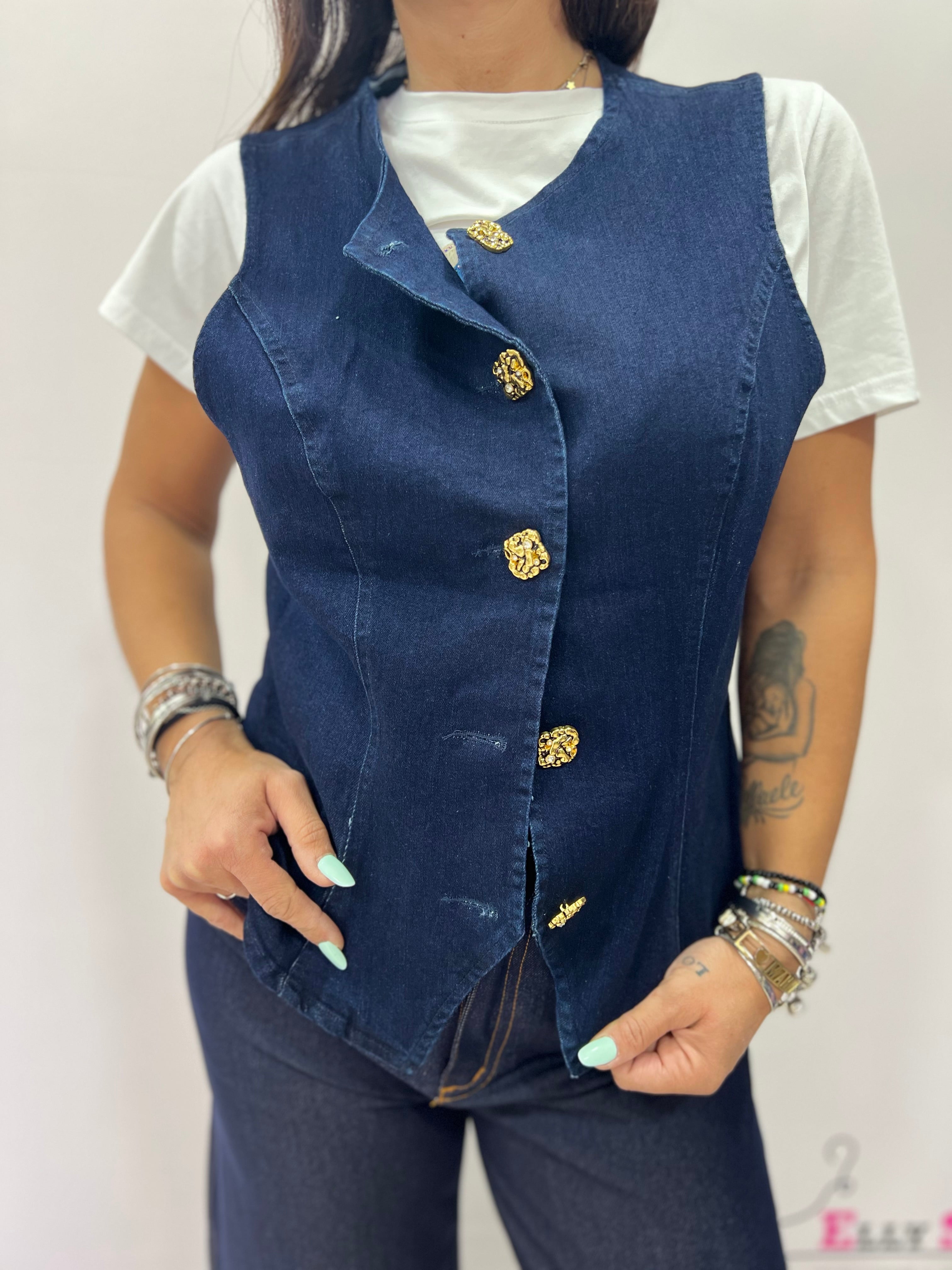 Gilet denim donna bottoni gioiello blu