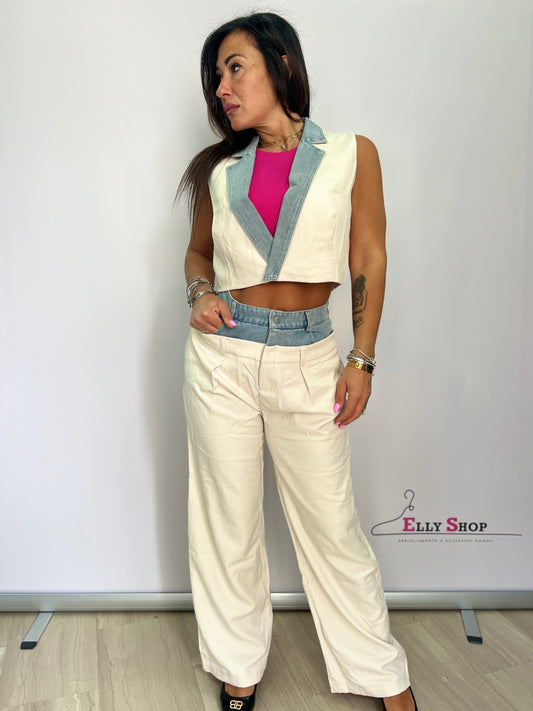 Completo Donna Elegante Due Pezzi con Gilet e Pantaloni a Vita Alta – Nero o Beige – Look Casual Chic