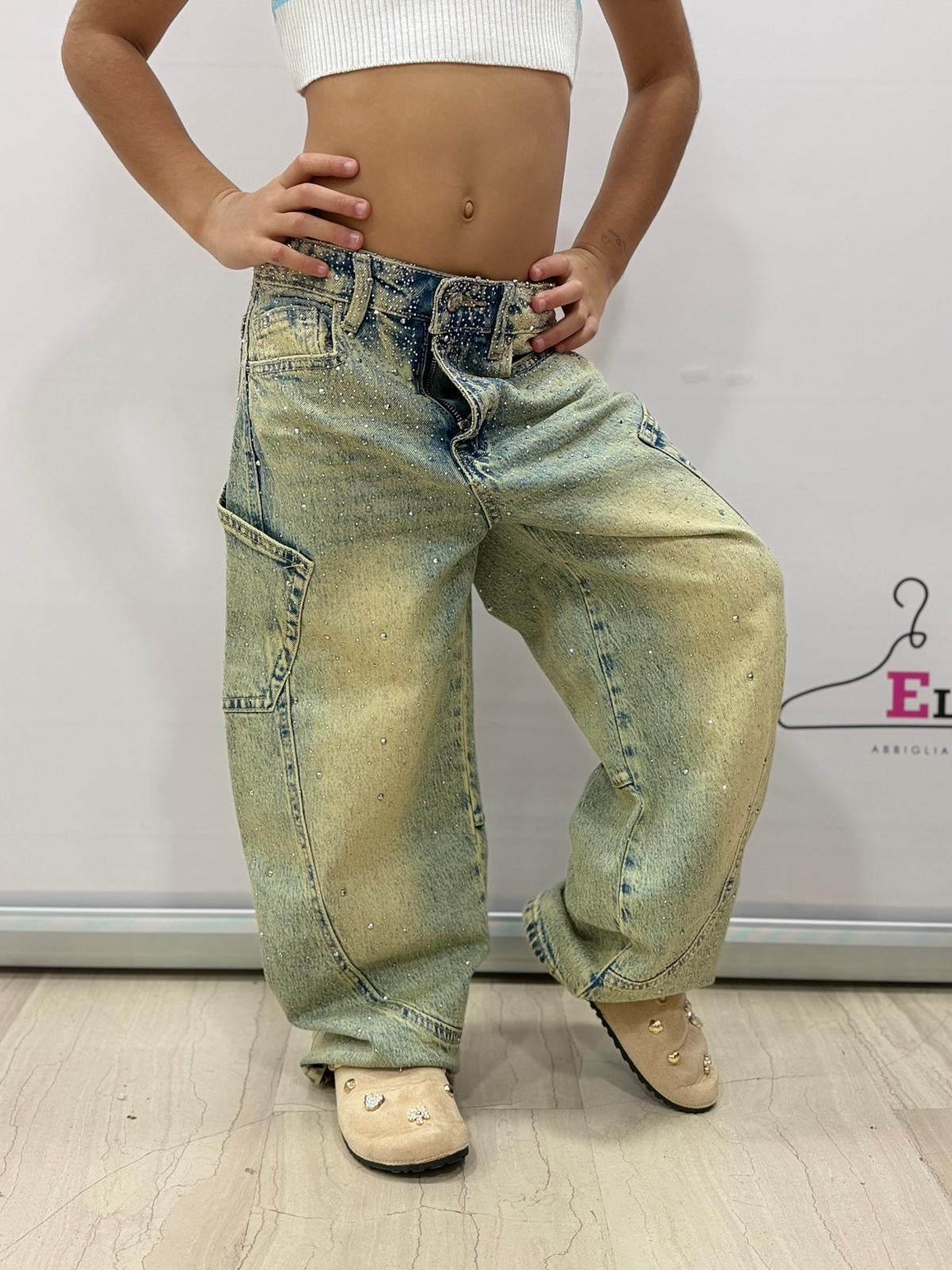 Jeans cargo bambina strass denim sfumato