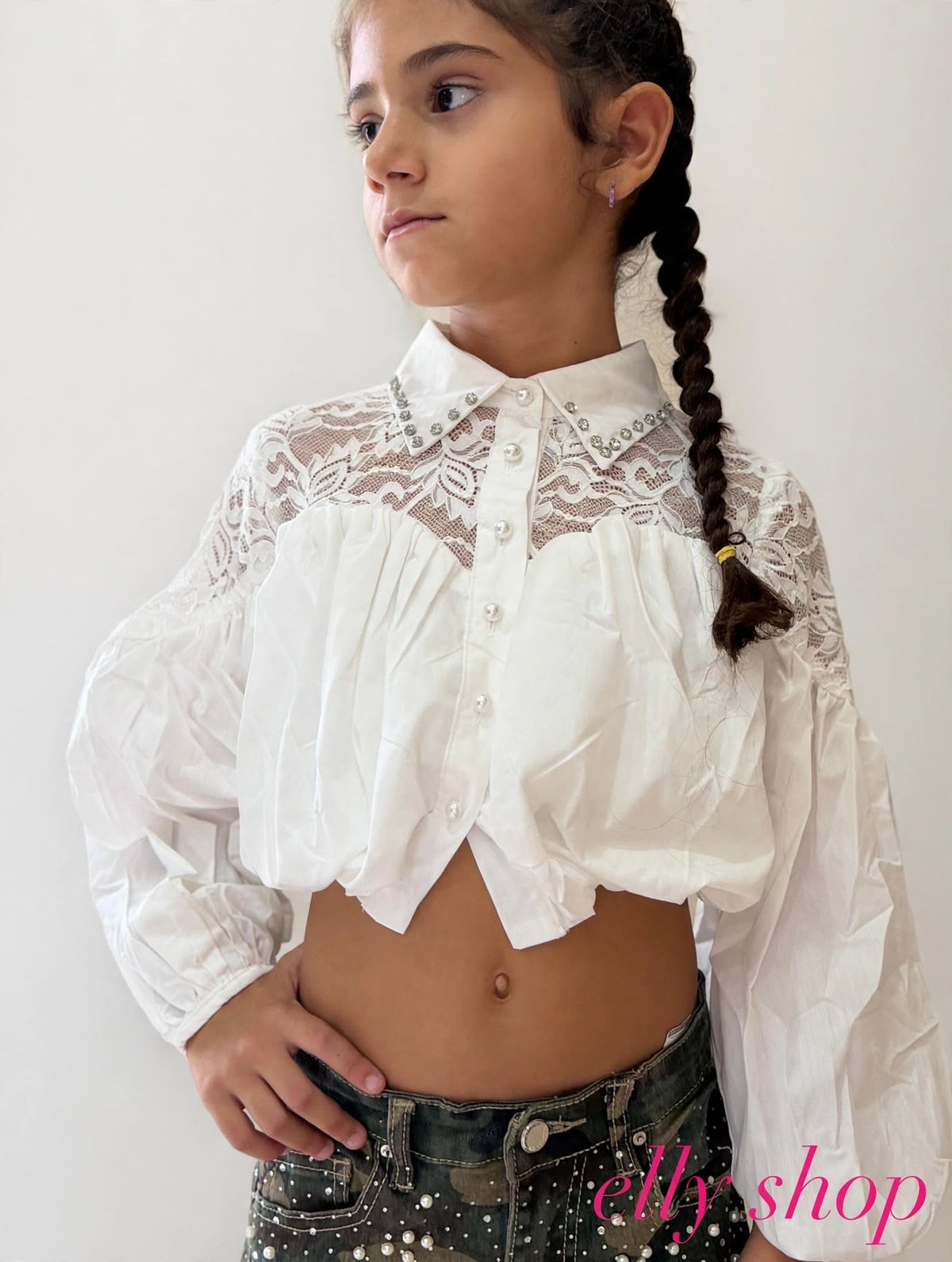 Camicia Bambina Crop in Pizzo con Colletto Gioiello