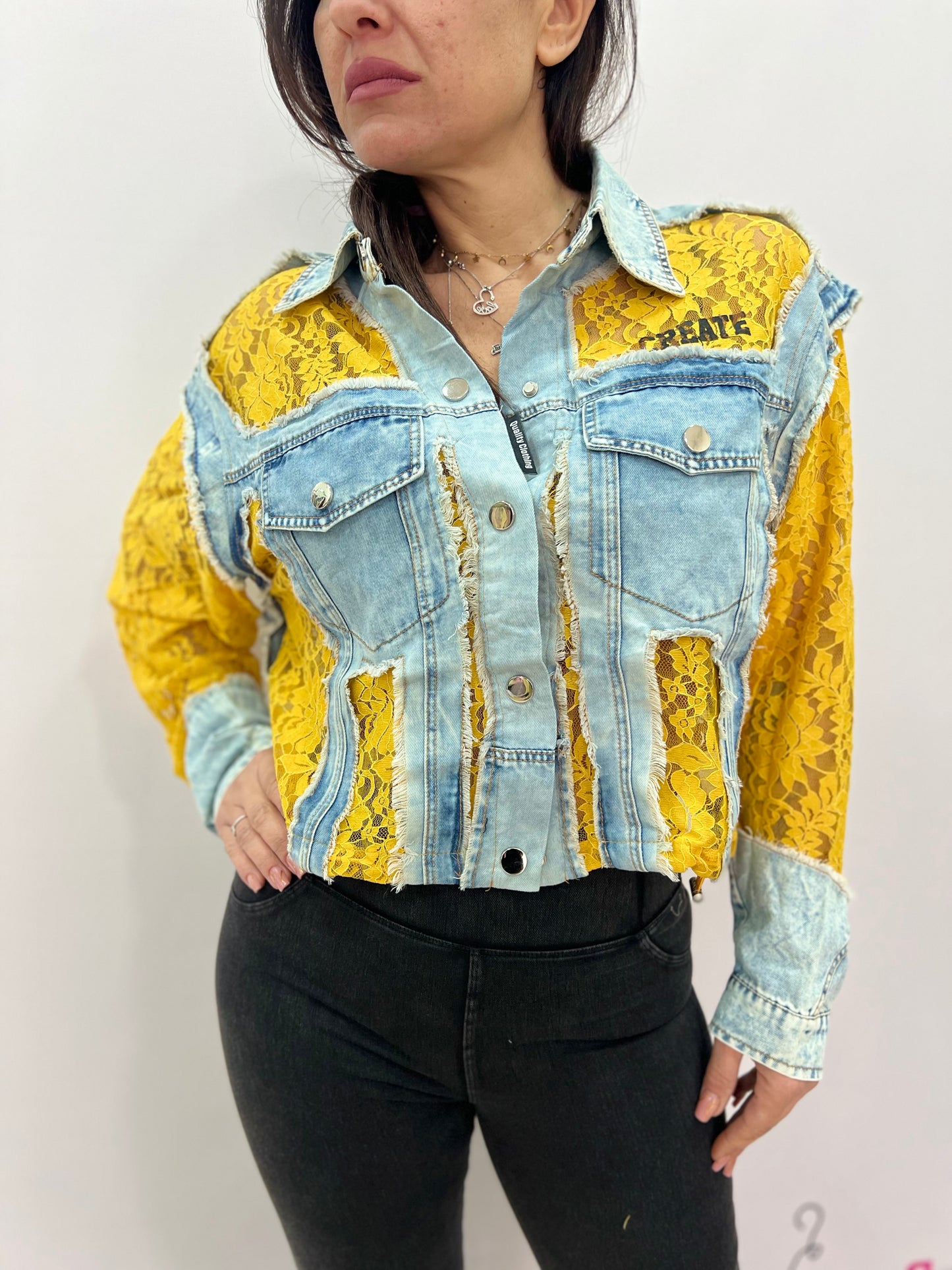 Giacca Denim Donna con Inserti in Pizzo Trend