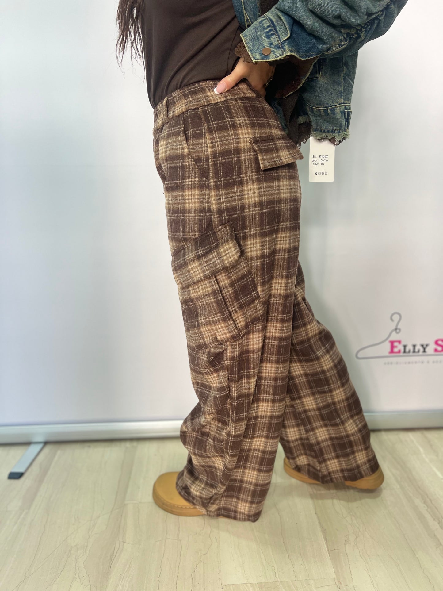 Pantalone cargo donna a quadri marrone