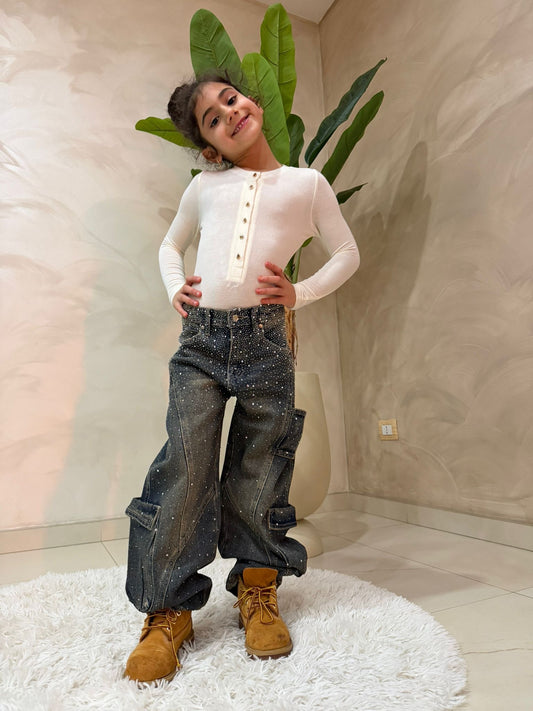 Jeans cargo bambina con strass