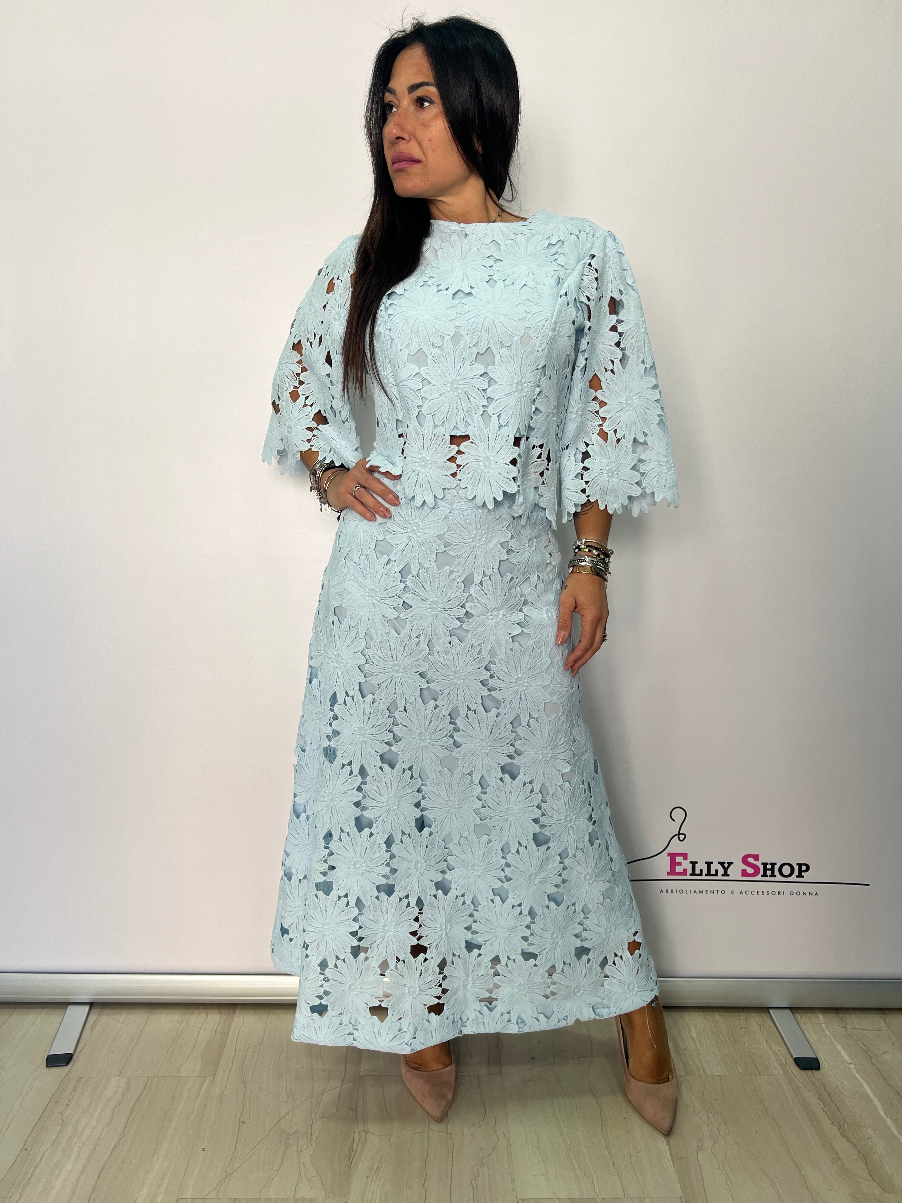 COMPLETO midi pizzo floreale elegante donna