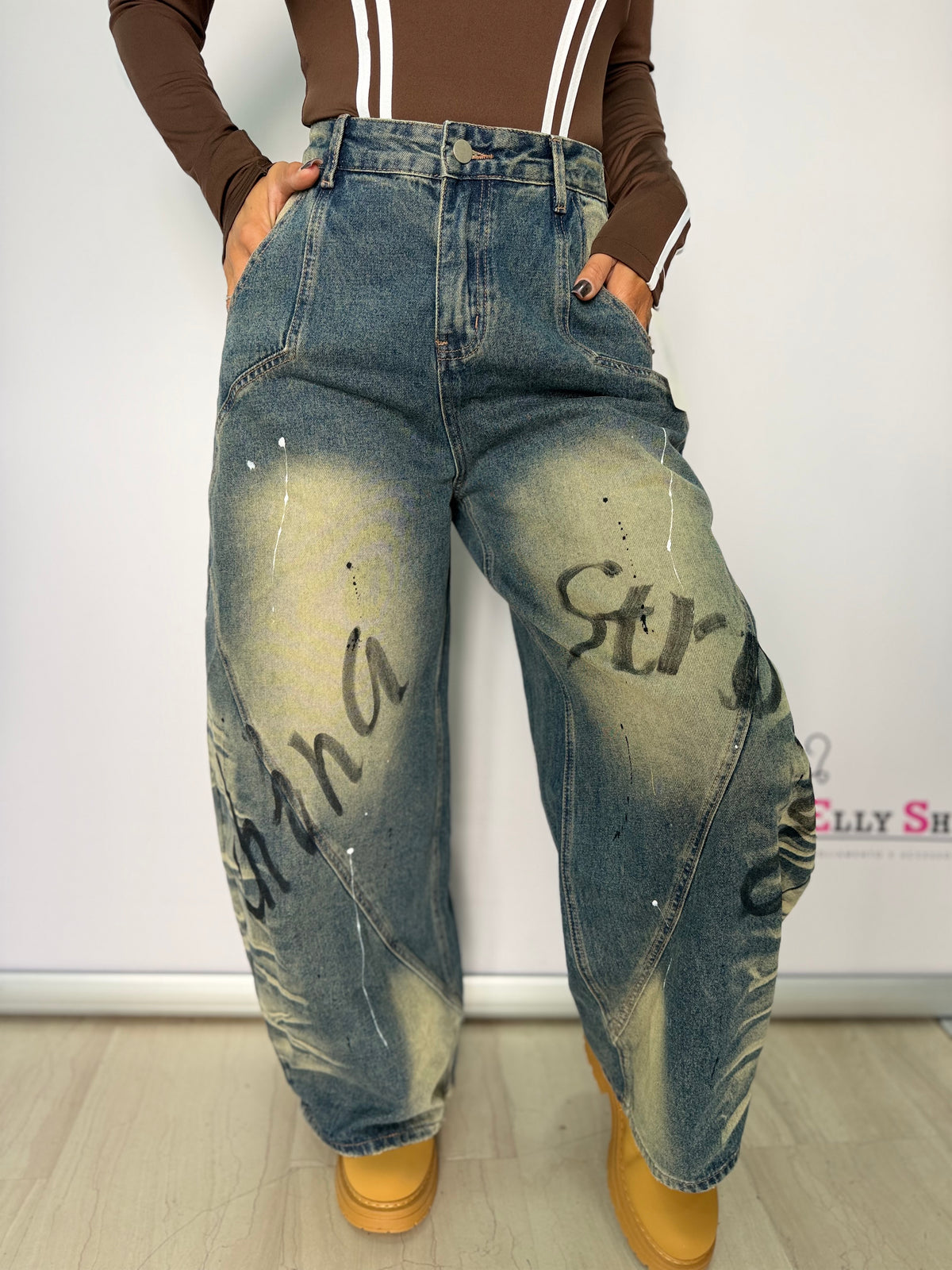 Jeans Donna Balloon Oversize Graffiti Effetto Vintage