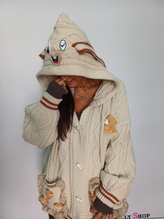 Cardigan donna cappuccio con dettagli peluche