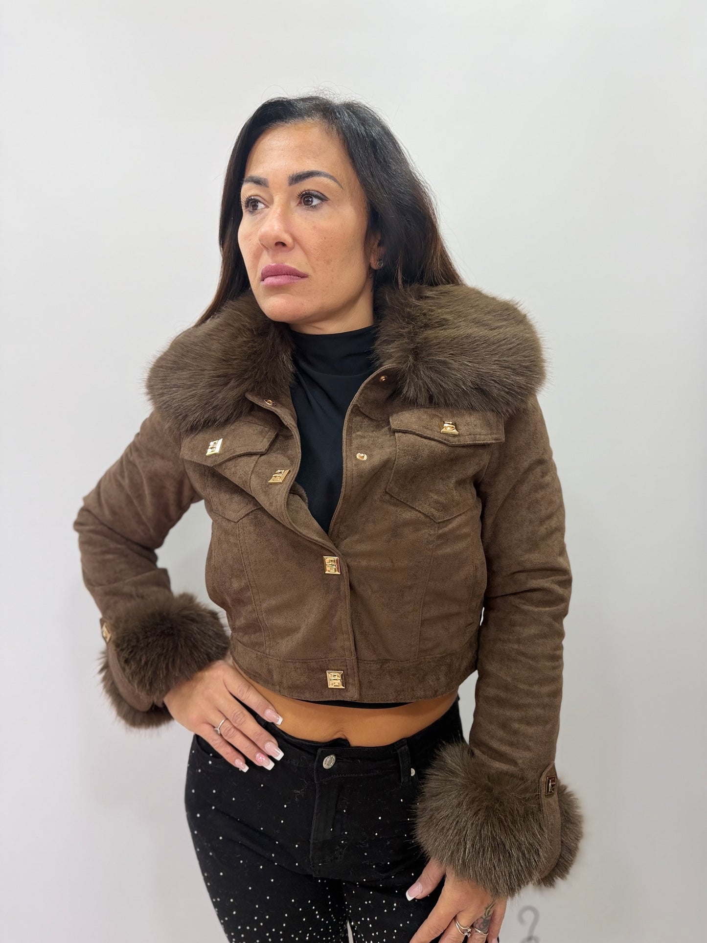 Giacca scamosciata corta con pelo donna