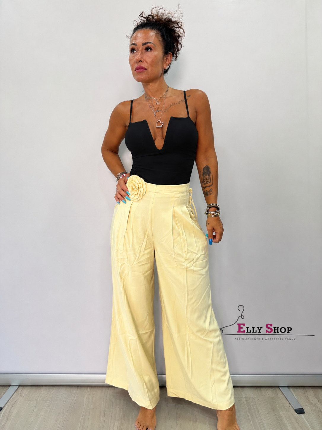 Pantalone Palazzo Donna con Fiore Applicato