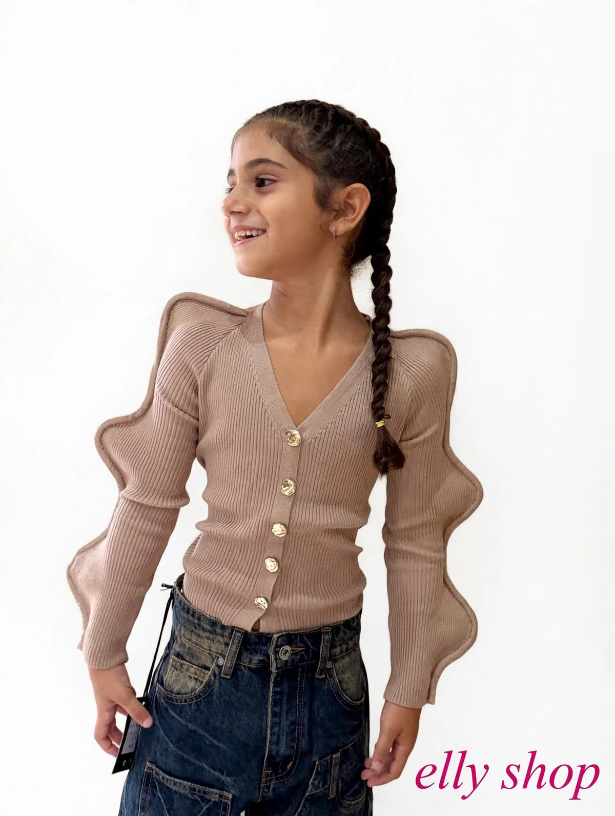 Cardigan Bambina Elegante a Costine con Maniche a Onde e Bottoni Dorati