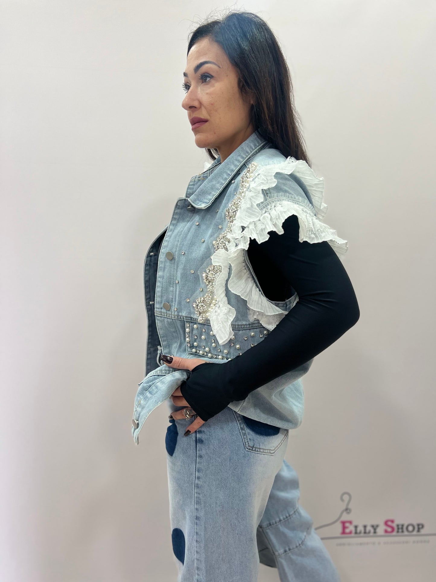 Gilet donna denim con rouches e perle