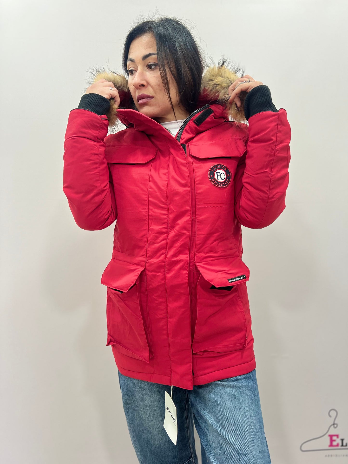 Parka donna invernale rosso con cappuccio