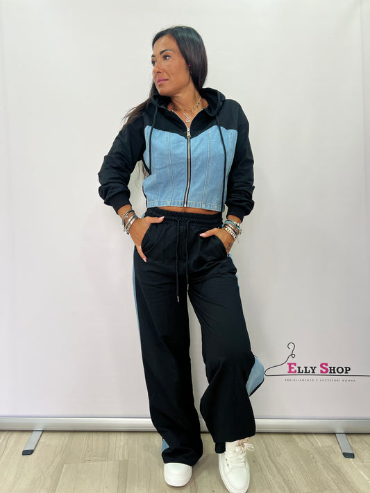 Completo Donna Sportivo con Felpa in Denim e Pantaloni Larghi – Nero o Grigio Autunno/Inverno