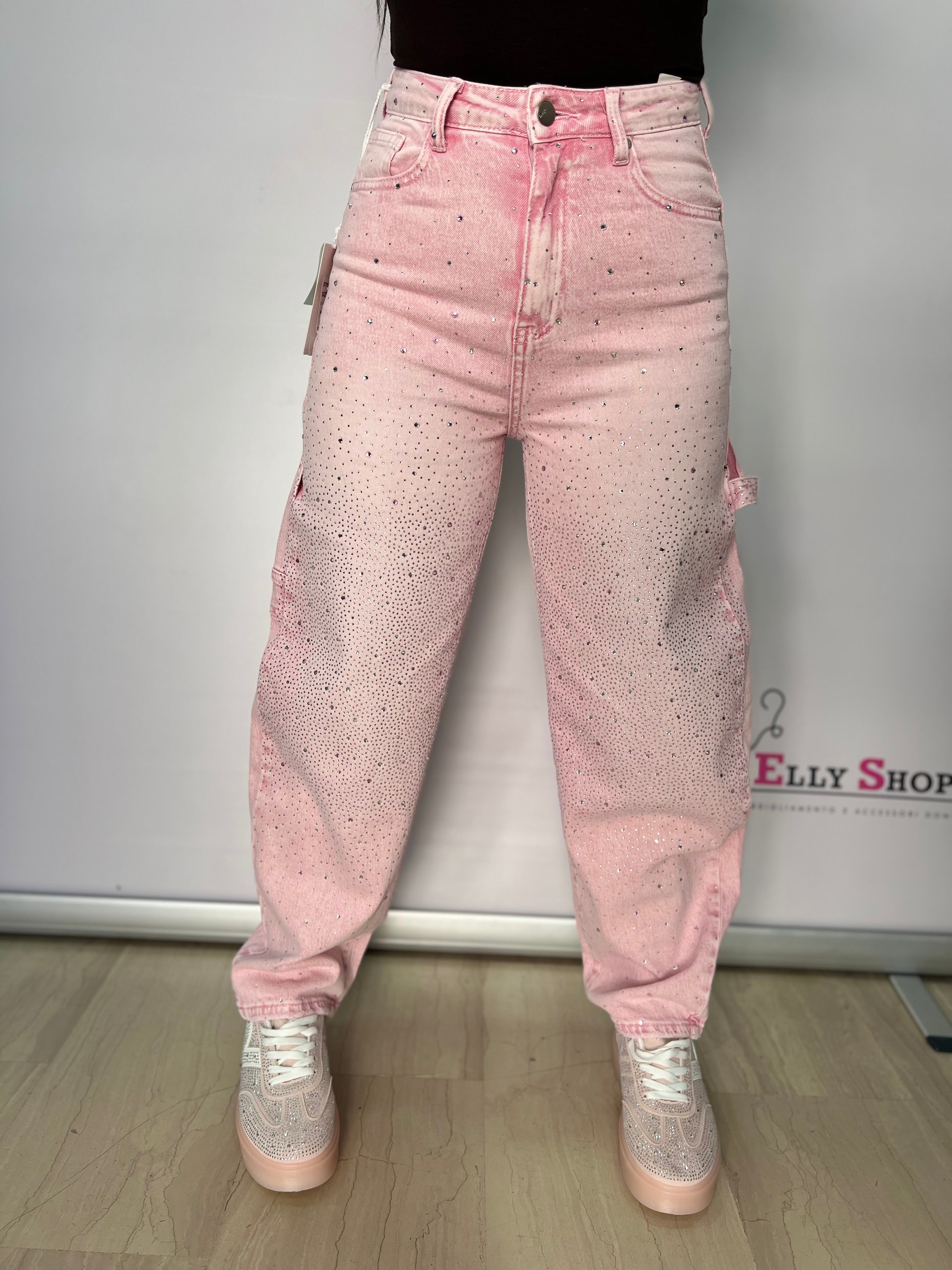 Jeans cargo rosa con strass donna