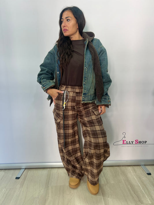 Pantalone cargo donna a quadri marrone