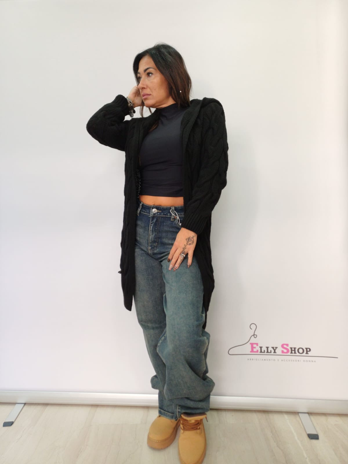 Cardigan lungo donna intrecciato con cappuccio