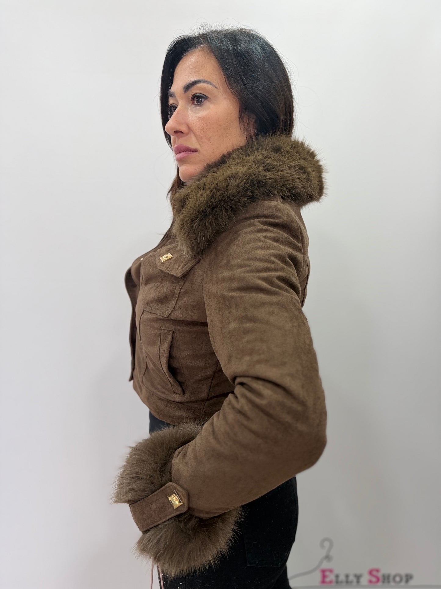 Giacca scamosciata corta con pelo donna