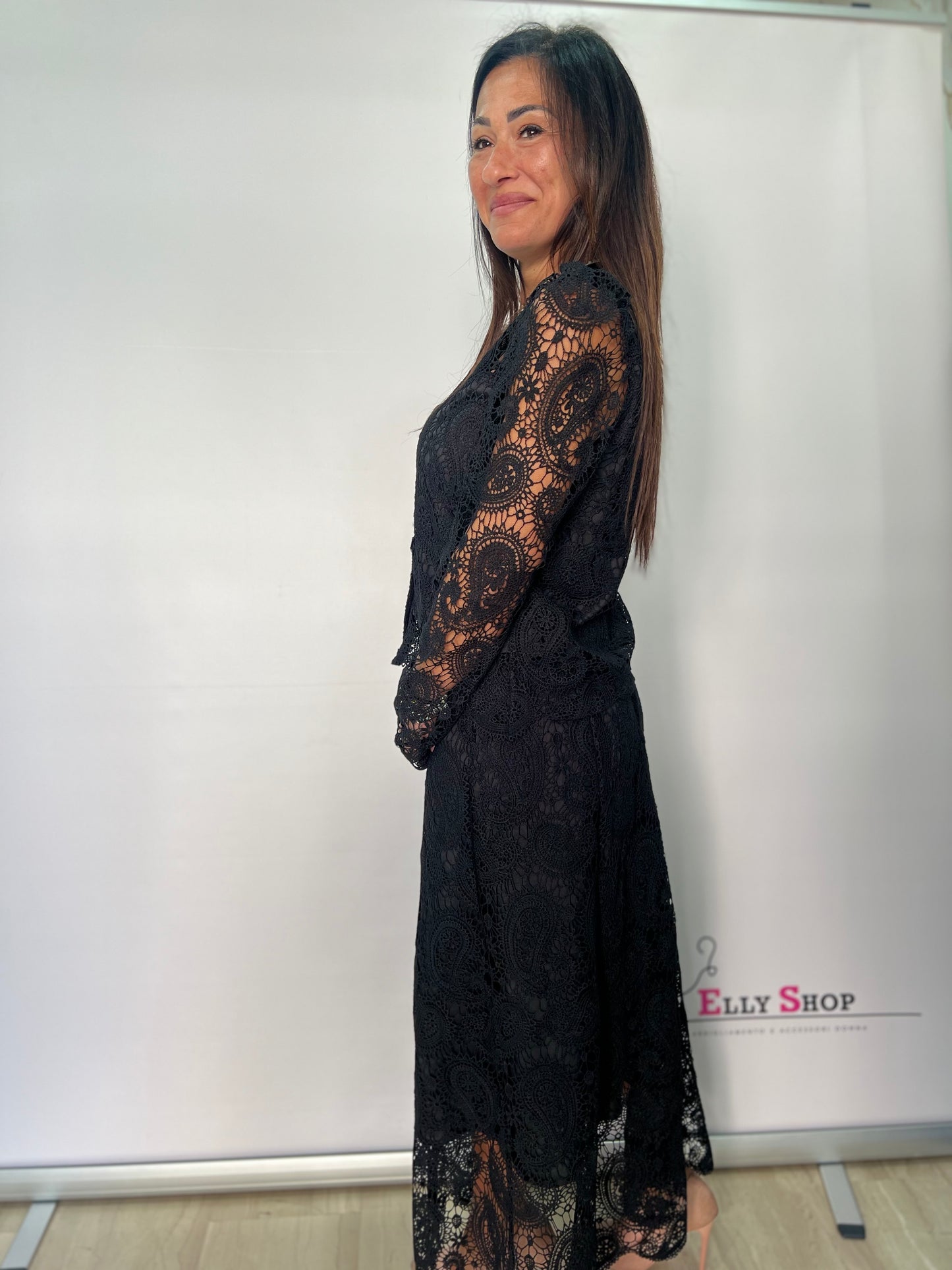 Completo donna elegante in pizzo nero due pezzi