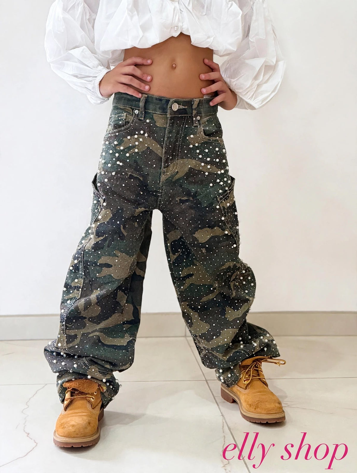 Jeans Cargo Bambina Camouflage con Strass