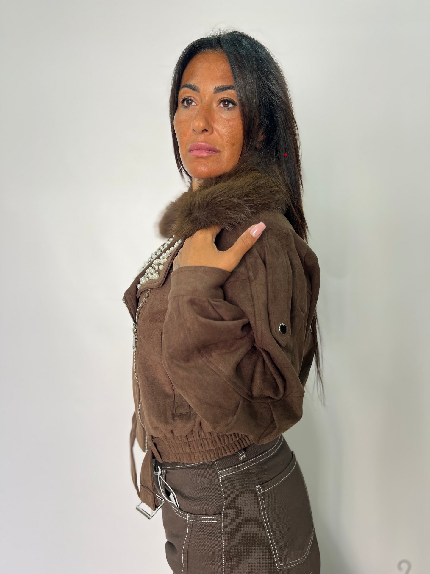 Giubbino in Camoscio e Pelliccia con Perle