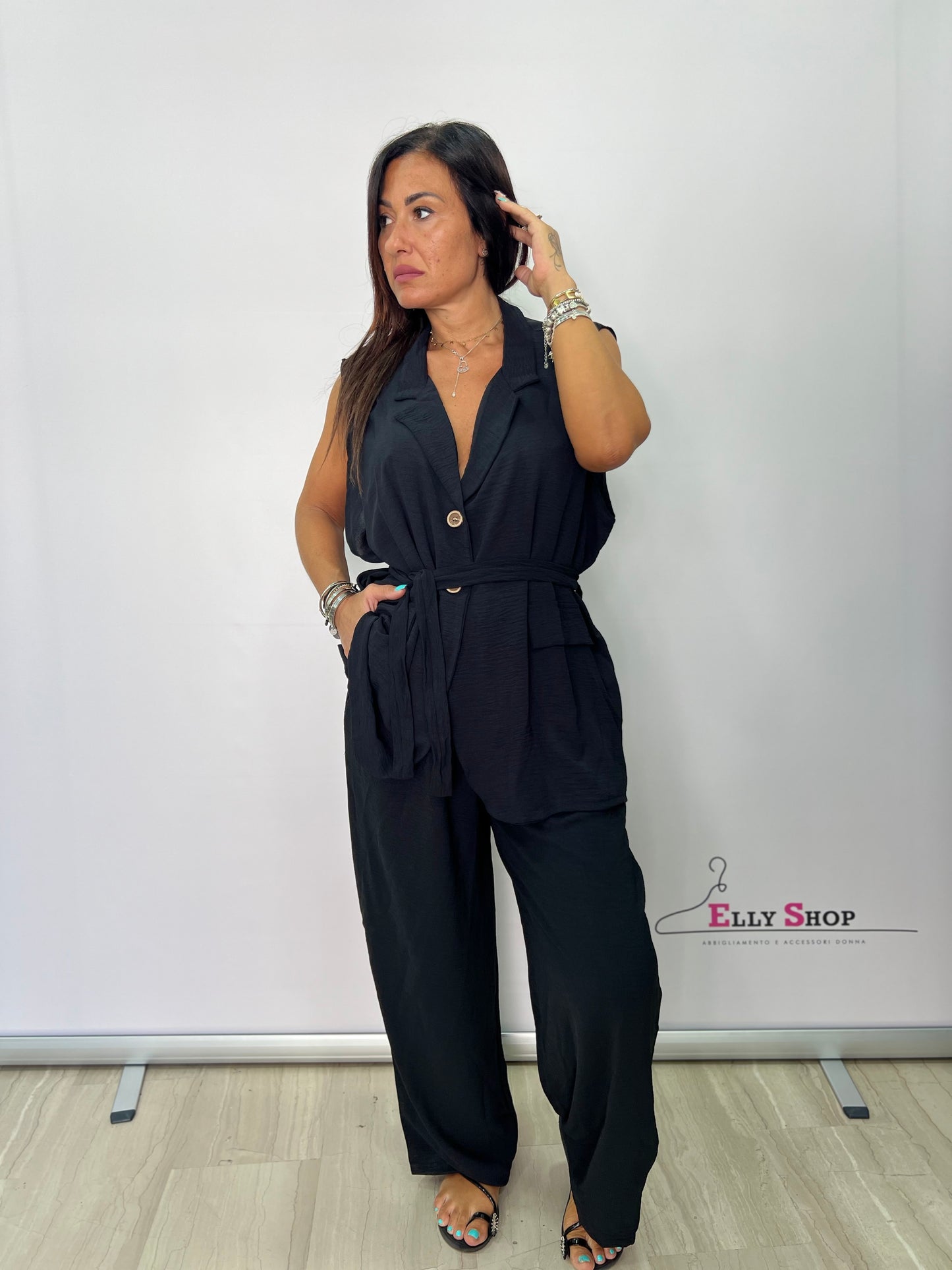 Completo curvy pantalone donna elegante con gilet lungo senza maniche – Blu, Nero, Fuxia