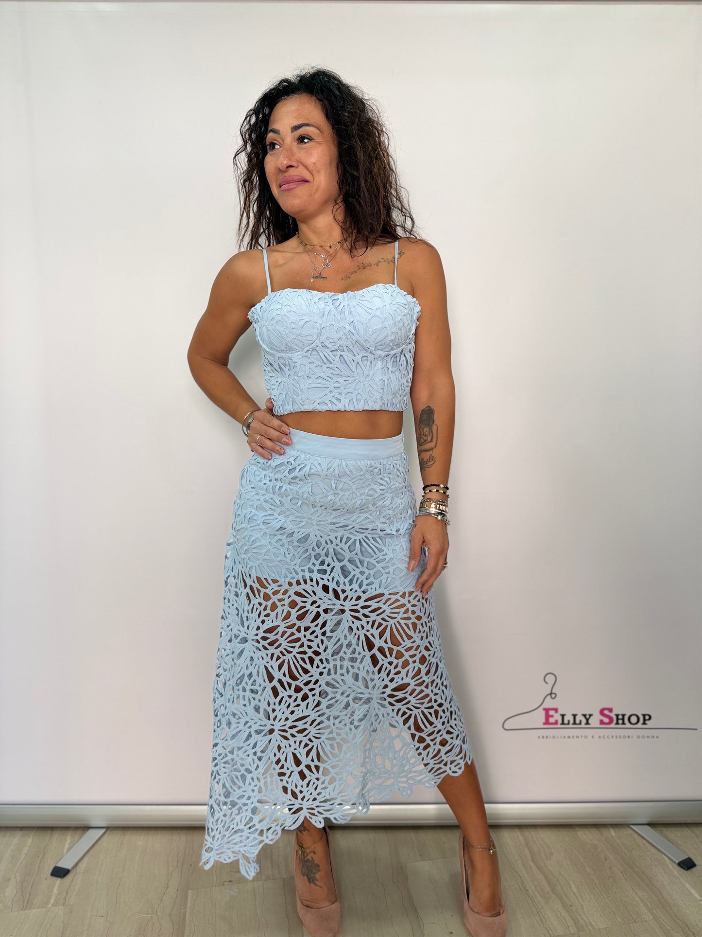 Completo donna pizzo elegante top e gonna