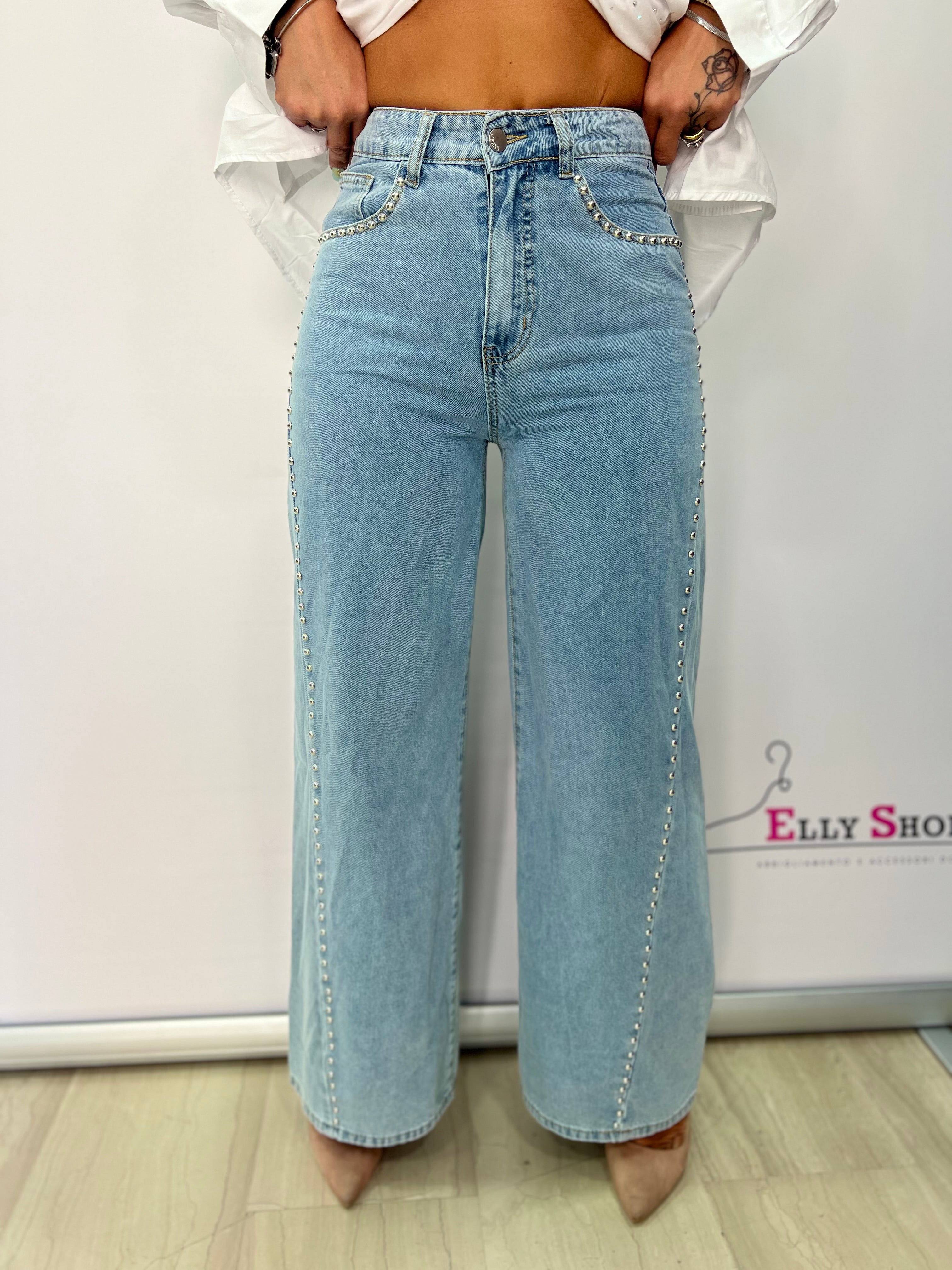 Jeans wide leg donna con borchie laterali