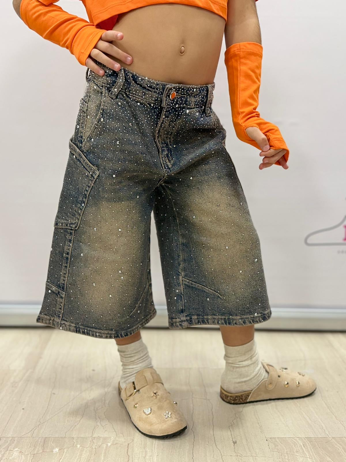 Jeans culotte bambina con strass denim