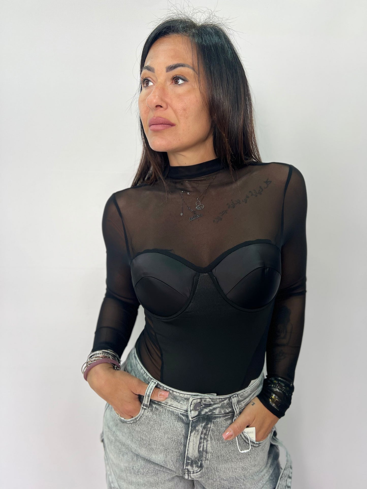 Body donna tulle con coppe effetto bustier