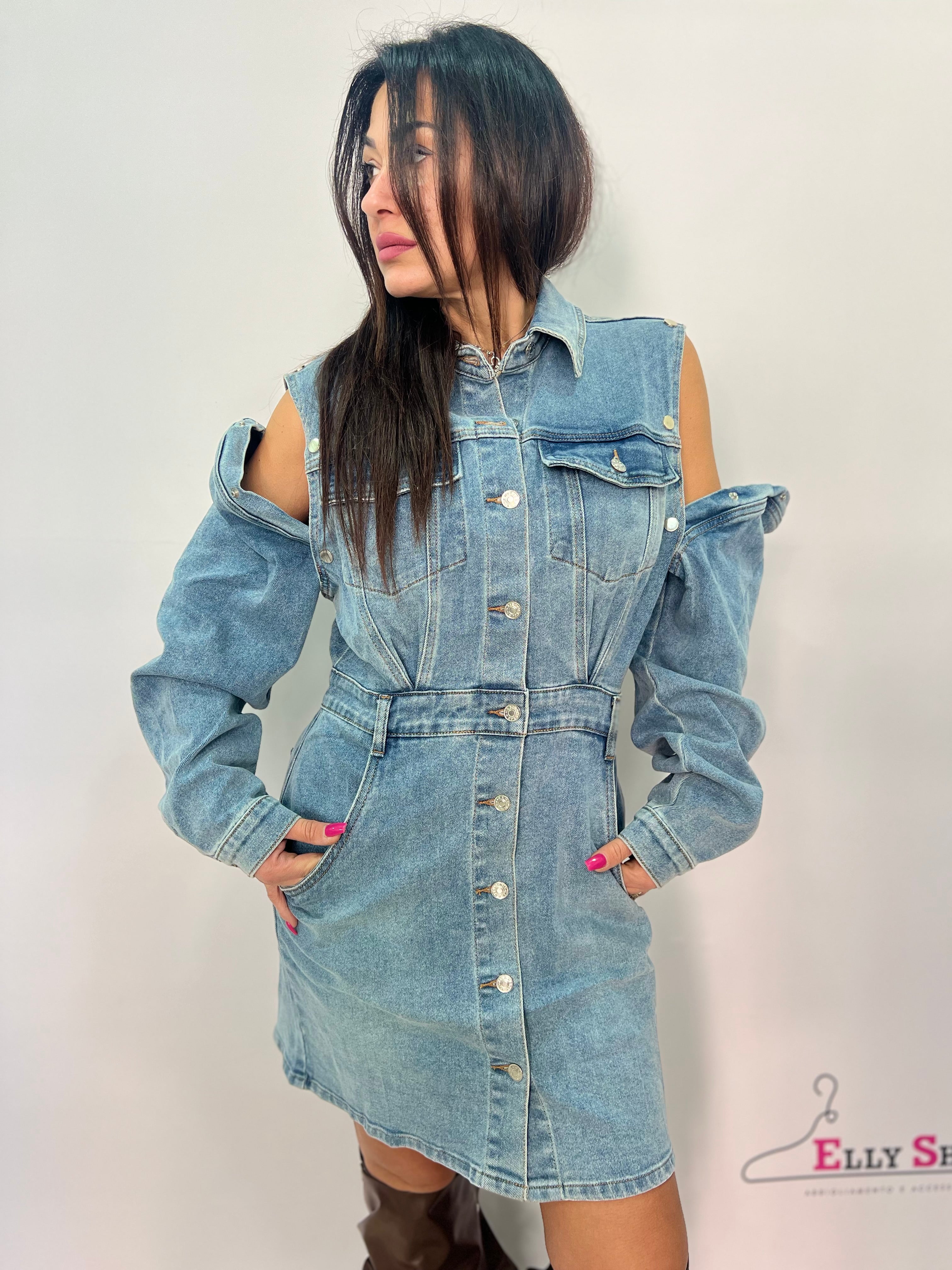 Abito chemisier denim con maniche rimovibili