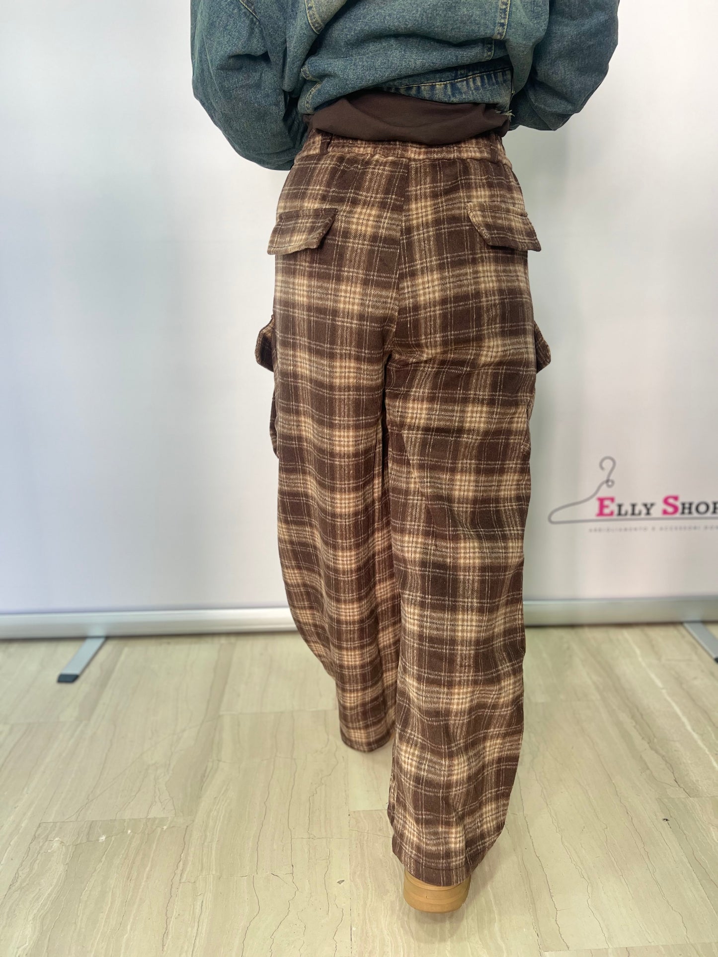Pantalone cargo donna a quadri marrone