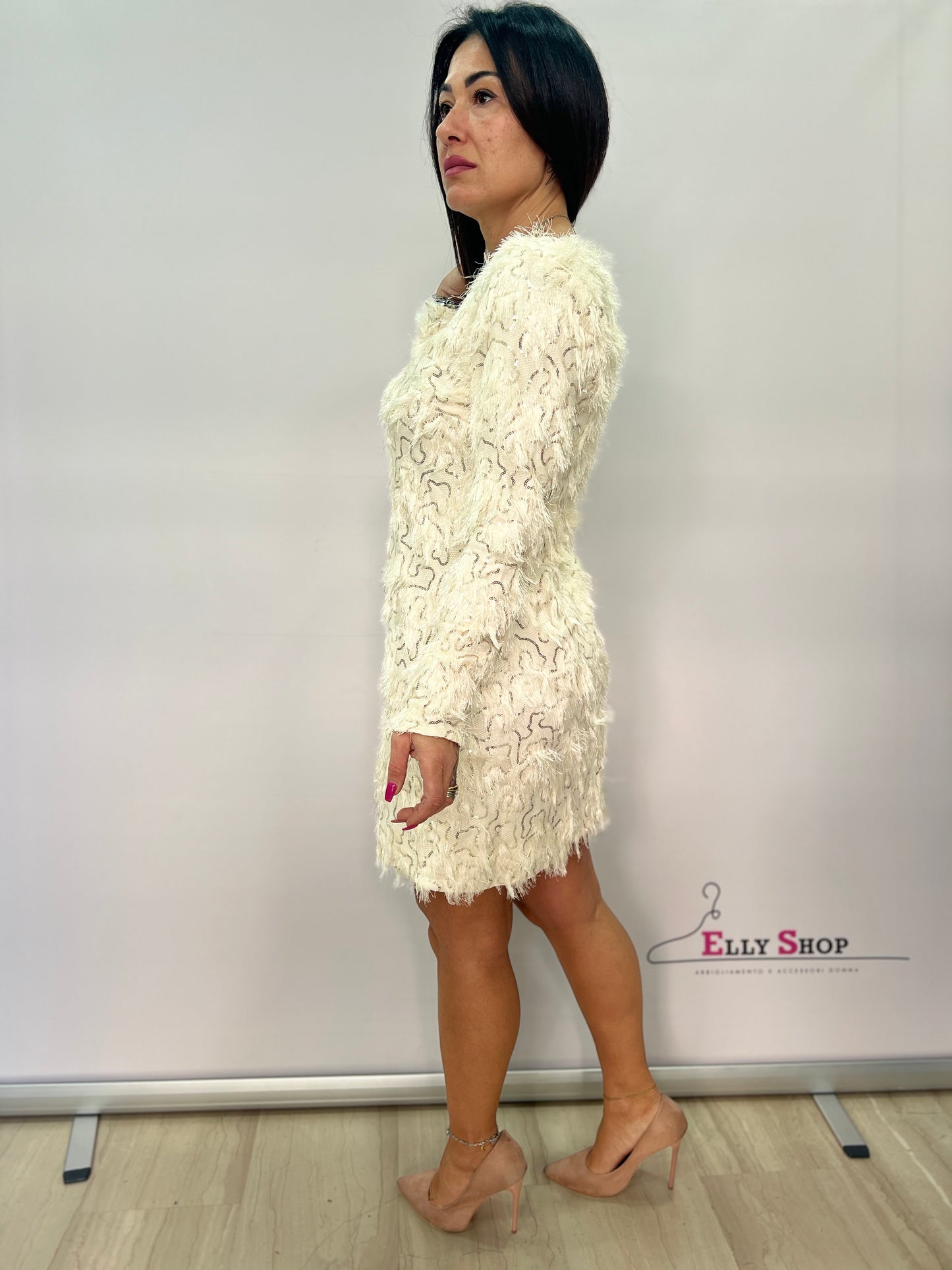 Abito corto elegante effetto piumato donna