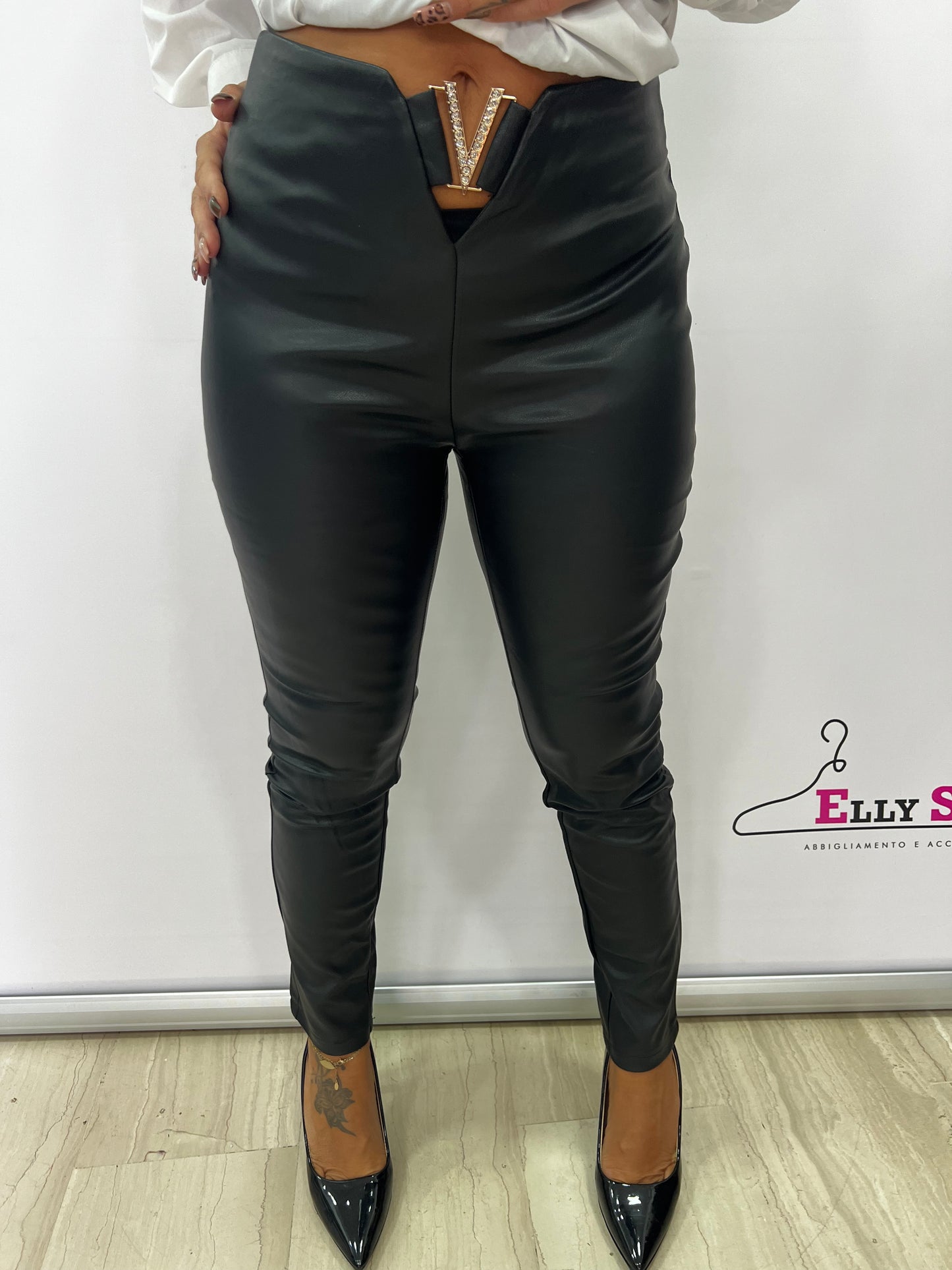 Leggins effetto pelle donna con cintura