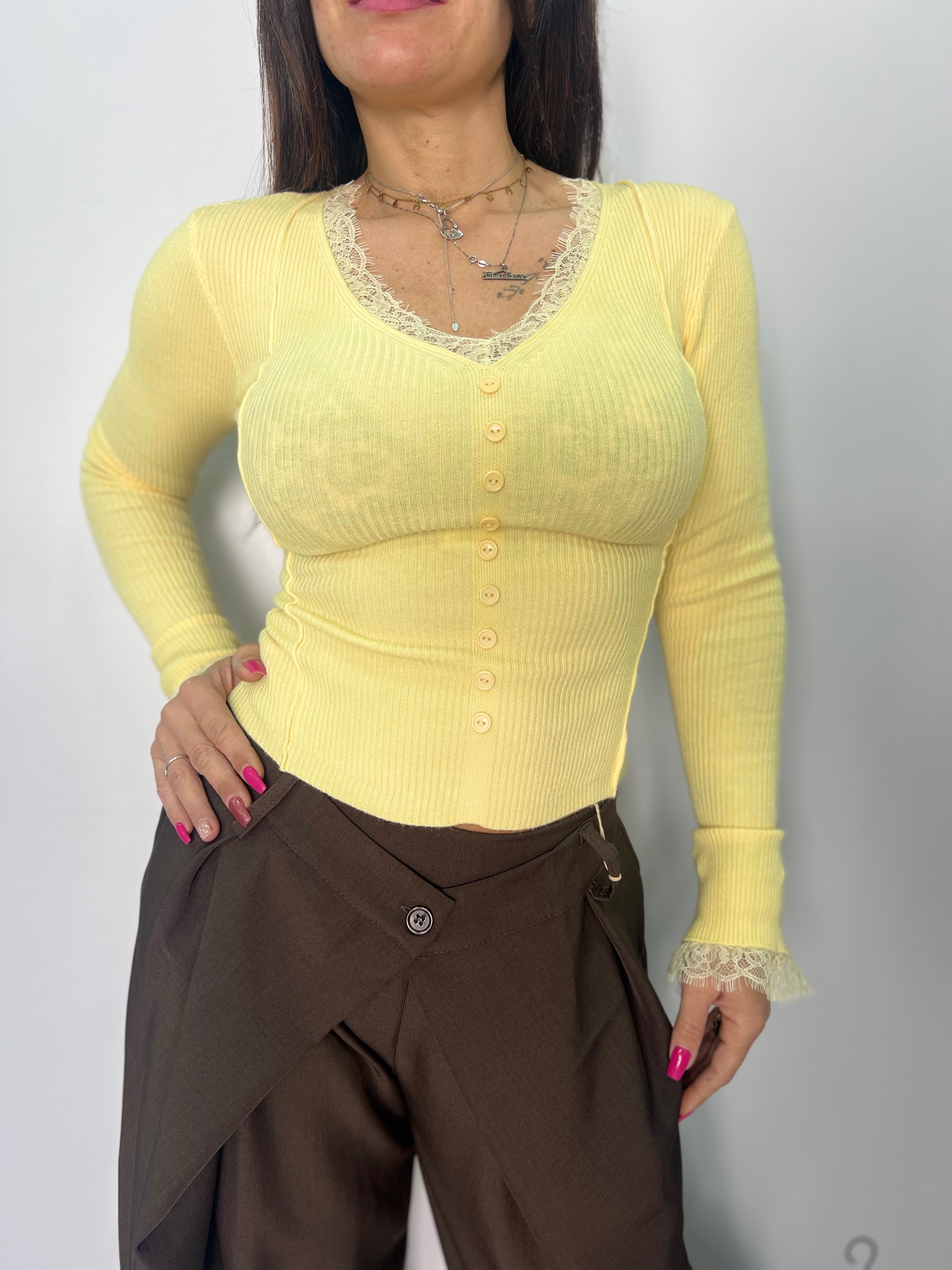 Maglia donna a costine con pizzo elegante