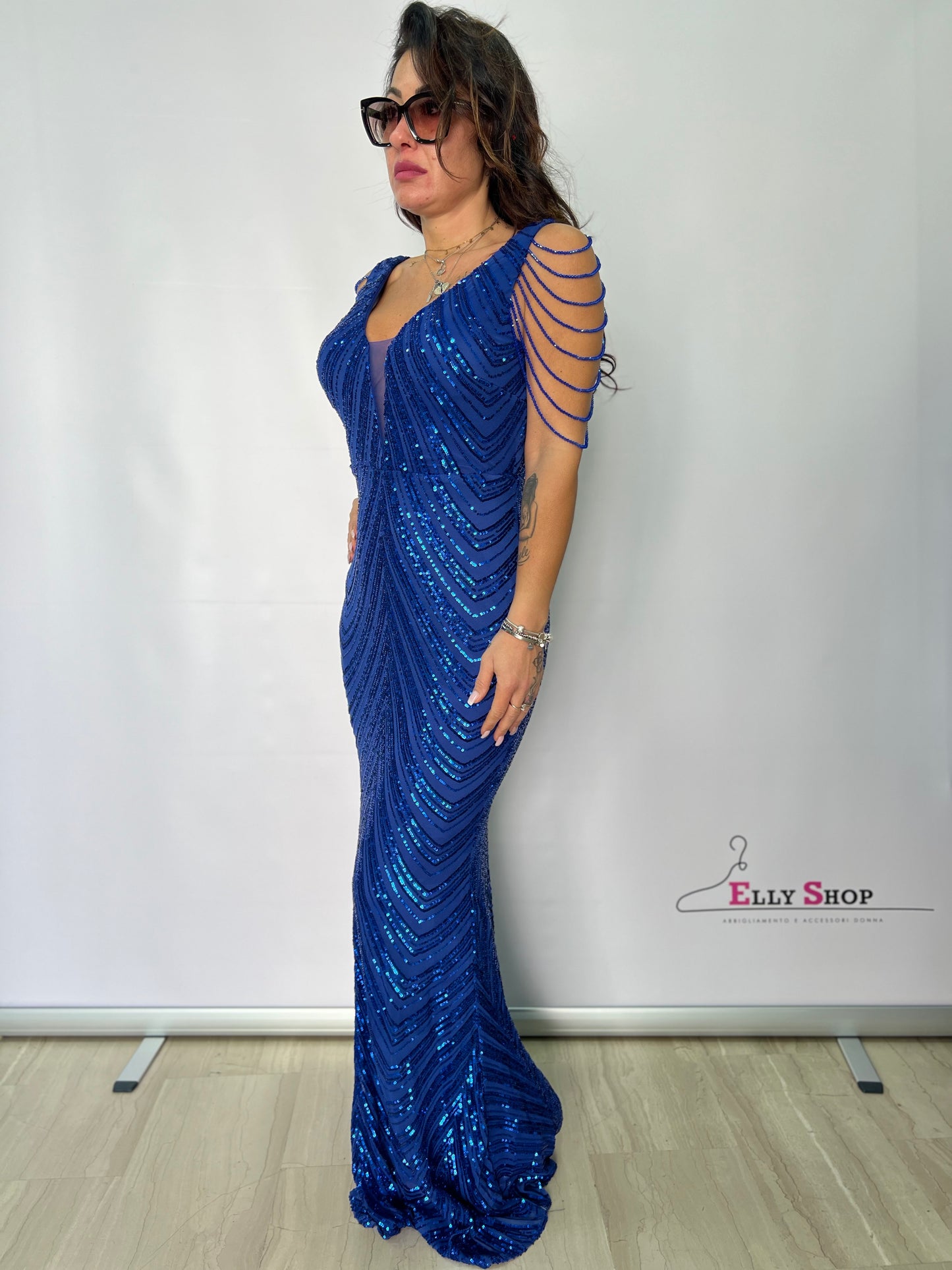 Abito da Sera Elegante Blu con Paillettes e Maniche a Catena - Vestito Lungo Donna