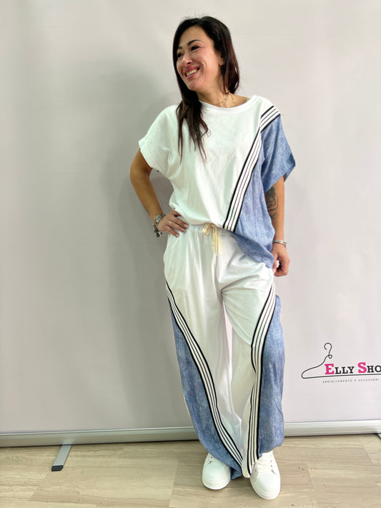 Completo Curvy Donna Casual Chic Nero e Denim con Bande Bianche