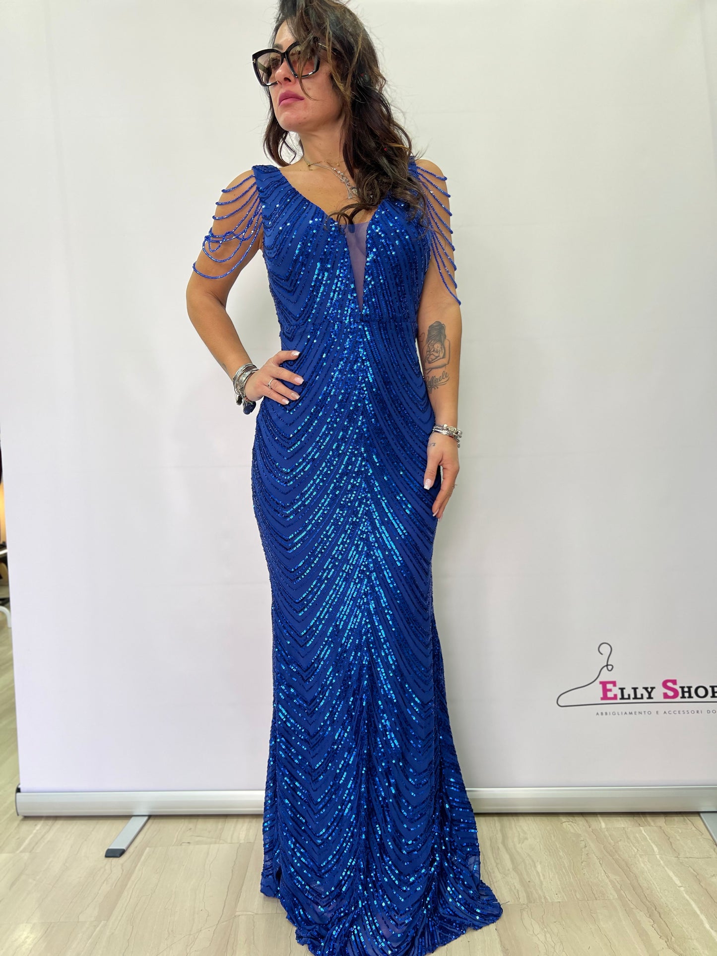 Abito da Sera Elegante Blu con Paillettes e Maniche a Catena - Vestito Lungo Donna