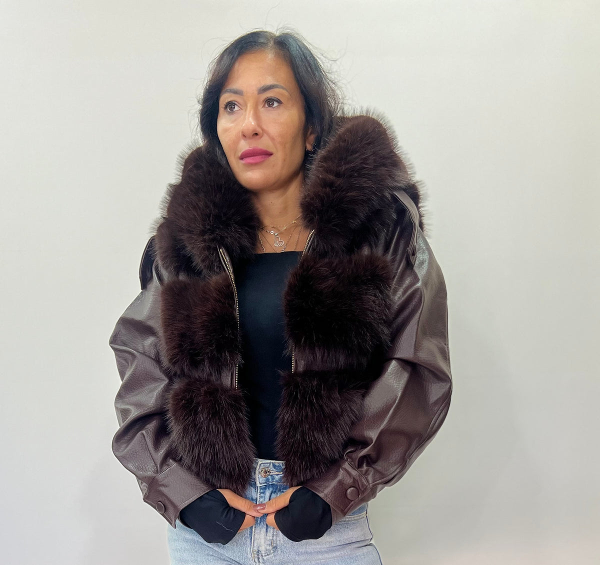 Giubbino Donna Luxury in Ecopelle con Pelliccia e Cappuccio