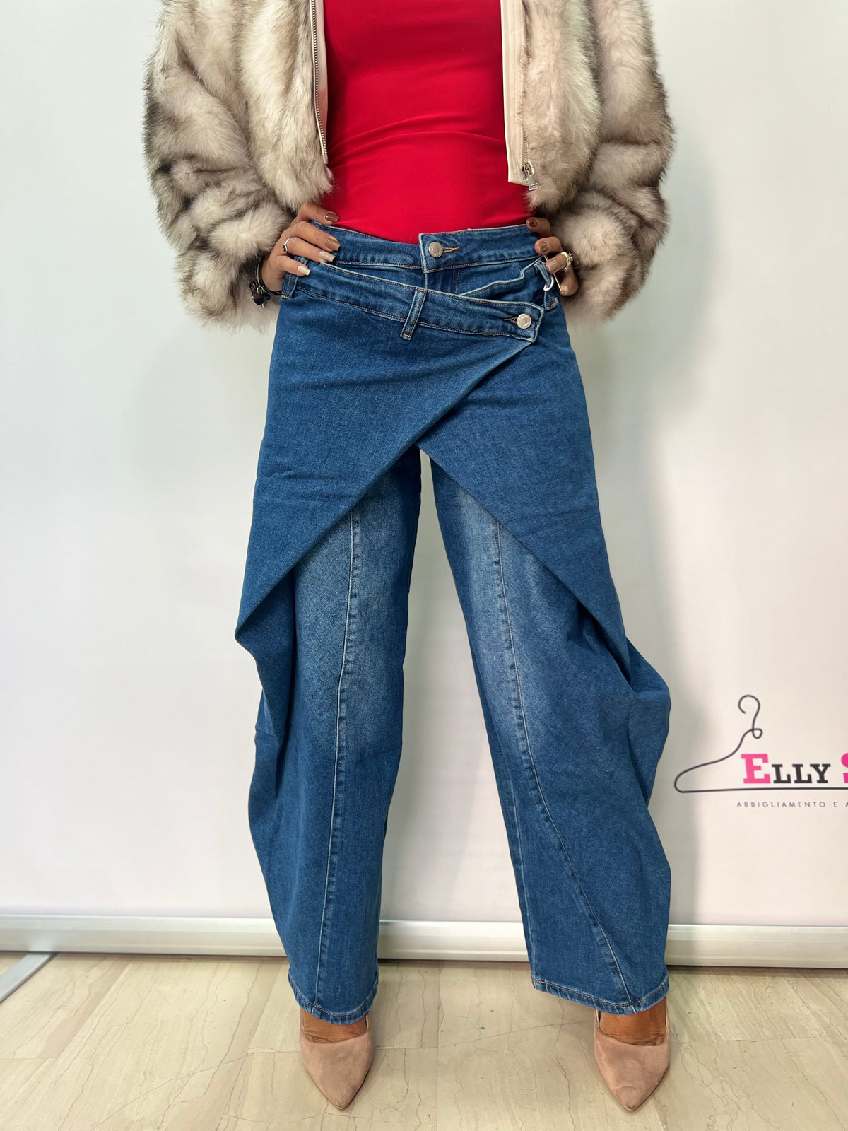 Jeans Donna Wide Leg con Gonna Sovrapposta Asimmetrica