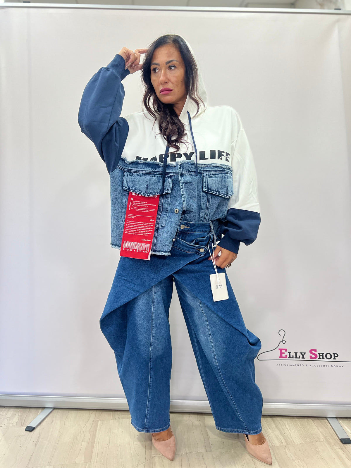 Felpa Donna Happy Life Oversize con Cappuccio e Inserti in Jeans
